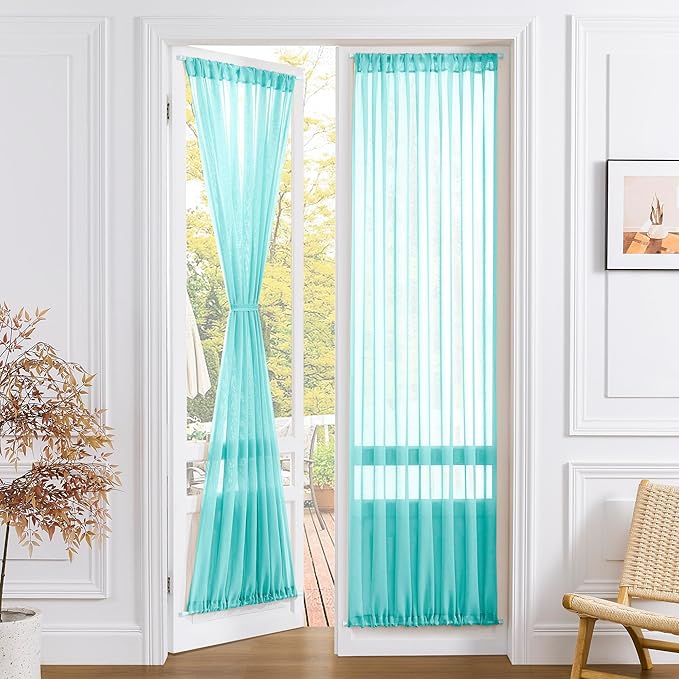 Tollpiz Sheer Door Curtains Closet Linen Textured Curtain Sheers Doorway Light Filtering Voile Patio Door Rod Pocket Curtains French Door, 54 x 80 inches Long, Aqua Blue, Set of 1 Panel