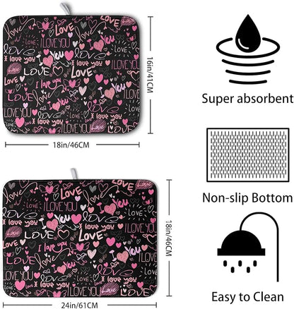 Mother's Day Dish Drying Mat for Kitchen Counter Love Heart Black Drying Mats - Image 2