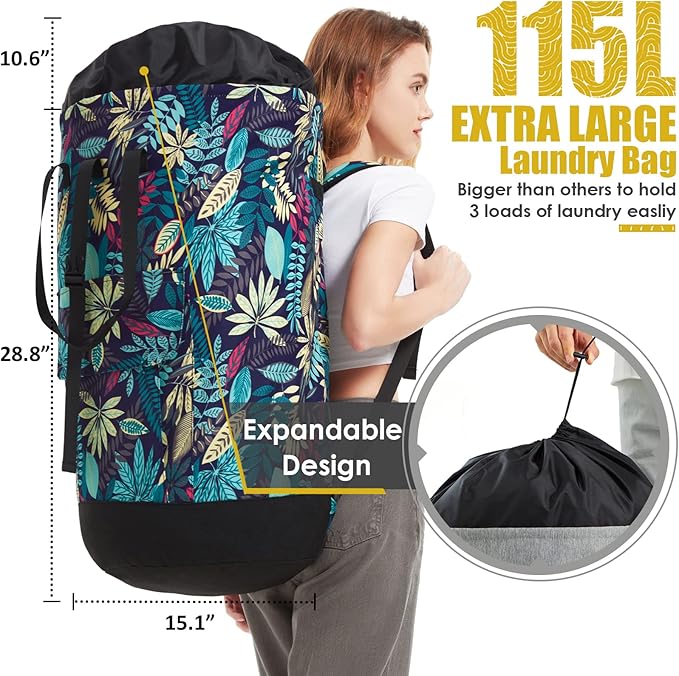 Laundry Bag for College,115L Backpack Extra Large Heavy Duty, Gifts College Dorm, Dorm Room Essentials Girls, Dirty Clothes Travel, Beach, Camping, Apartment and Laundromat, Leaves Jungle