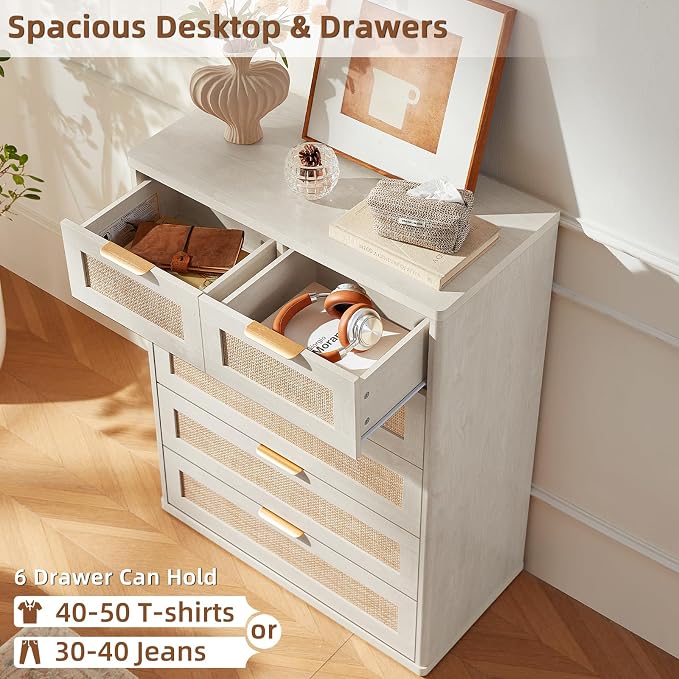 LEYAOYAO White Dresser for Bedroom, Modern 6 Drawers Boho Rattan Dressers - Image 5