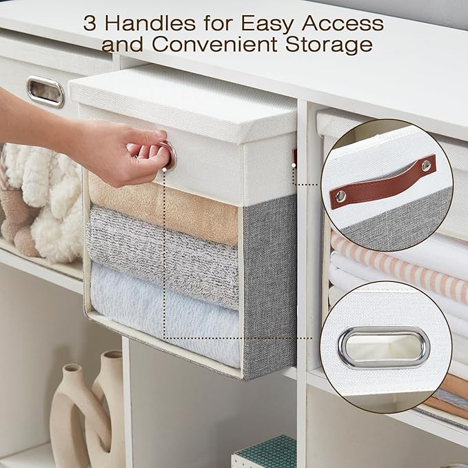 Fabric Storage Cubes with Clear Windows and Lids, 13'' Foldable Storage Bins with 3 Handles, Decorative Storage Boxes for Home, Bedroom, Closet, Office (Gray & White)