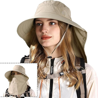 Rosoz Sun Hat for Men Women with Neck Flap,Wide Brim UPF50+ Fishing Hat with Detachable Face Cover Outdoor Sun Protection Hat