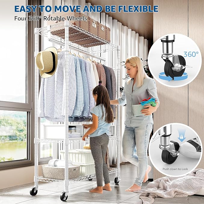 Heavy Duty Rolling Garment Rack 3 Tiers Adjustable Wire Shelving Clothes Rack - Image 3