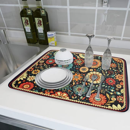 Boho Floral Dish Drying Mat for Kitchen Counter Absorbent Microfiber Flowers - Image 6