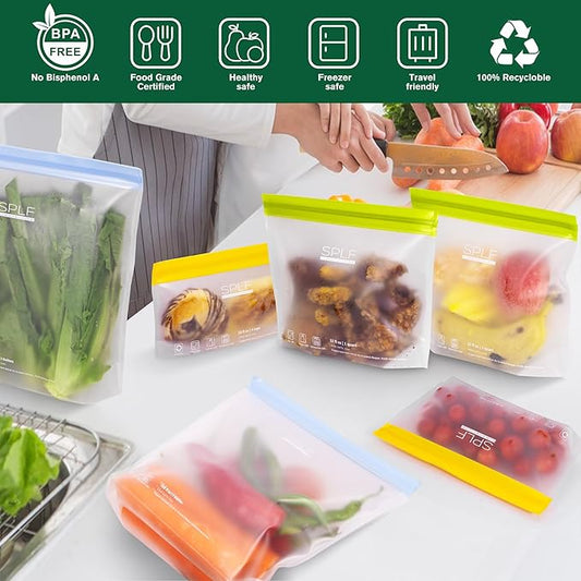 SPLF 10 Pack Stand-Up Reusable Food Storage Bags Dishwasher Safe, BPA Free Reusable Freezer Bags, Extra Thick Silicone for Meal Prep, Sandwich, Bread, Veggies - 3 Gallon 4 Quart 3 Snack