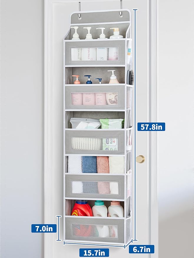 JARLINK 2 Pack Over The Door Organizer, 5 Shelf Door Hanging Organizer with 5 Large Pockets, 44 lbs Weight Capacity Hanging Storage for Bathroom, Bedroom, Nursery, RV, Pantry (Light Grey)