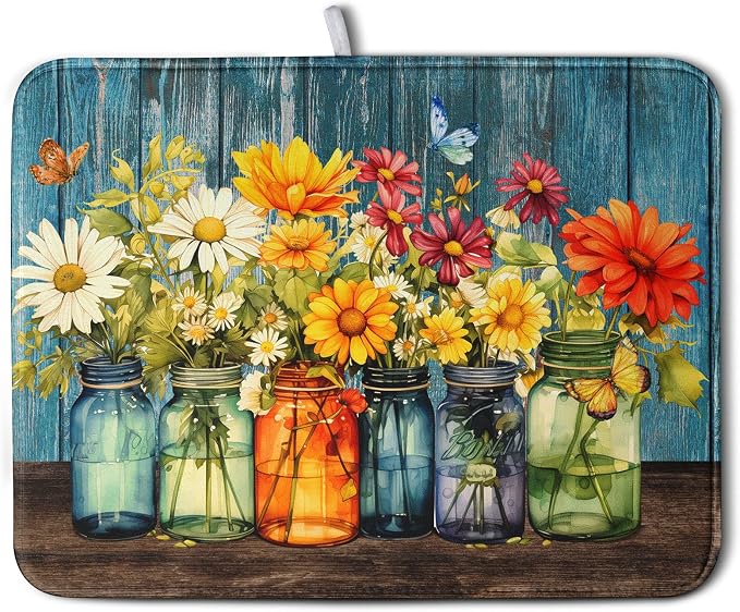 Daisy Dish Drying Mat for Kitchen Counter 18x24 Inch Rustic Vintage Flower by Kwlegh
