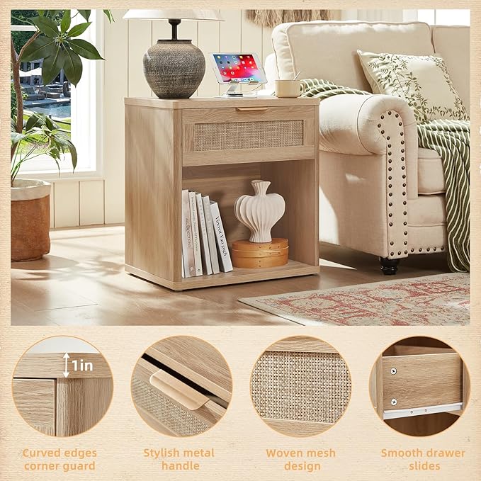 LEYAOYAO Rattan Nightstands Set of 2 with Charging Station, 23" Wide Boho Night Stand with Drawer, Natural Wood Bedside Table Open Cabinet, Bed Side End Table Dresser for Bedroom, Living Room, Hallway