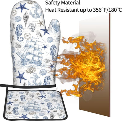 Navy Blue Oven Mitts and Pot Holders Sets Summer Beach Starfish Seashell Oven - Image 5