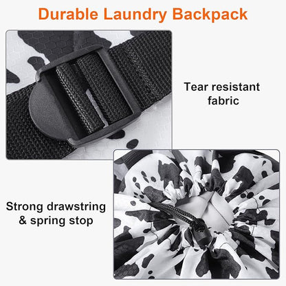 Femuar Laundry Bag Backpack Durable Laundry Bag with Shoulder Straps and Mesh Pockets Portable Laundry Dirty Clothes Hamper Bag for College Dorm (Cow Print)