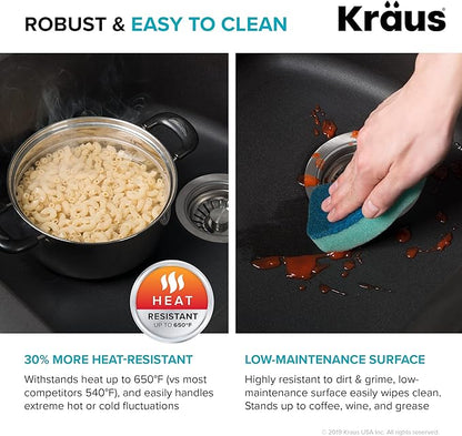 KRAUS Forteza 33-inch Drop in/Undermount 50/50 Double Bowl Granite Kitchen Sink in Black, KGD-52BLACK