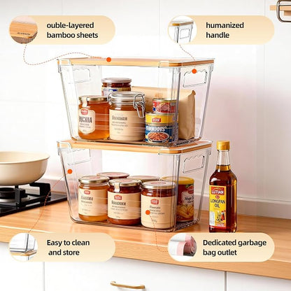 4 Pack Clear Storage Bins with Bamboo Lid, Garbage Bag Dispenser, Pantry - Image 5