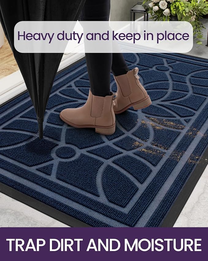 DEXI Front Door Mat Outside Entrance, Heavy Duty Non Slip Low Profile Doormat for Entryway, Trap Dirt and Moisture Welcome Mats, Easy Clean, Patio, Garage, 17x29, Blue