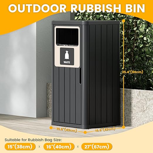22 Gallon Outdoor Trash Can Waterproof Resin Garbage Can with Waste Labels Outside Trash Bin for Patio Kitchen Commercial Garbage Can Backyard or Deck Black