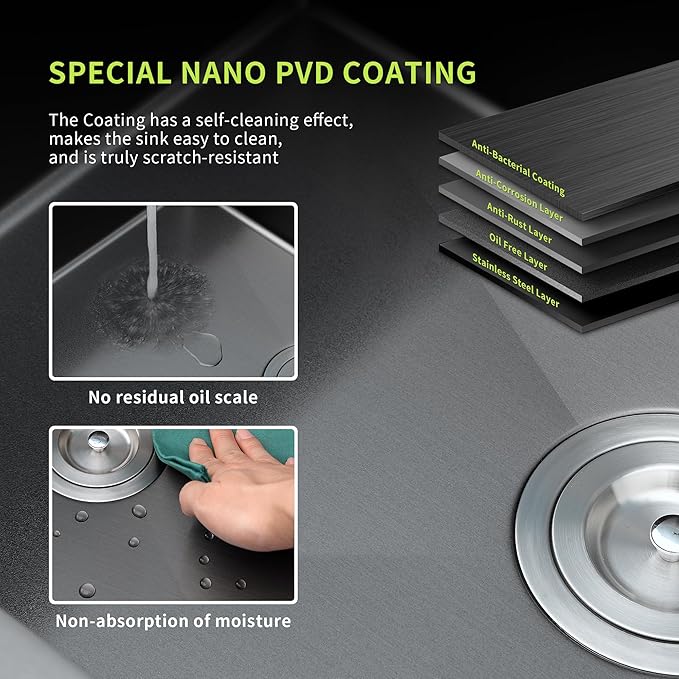 Black Kitchen Sink Drop-In 25 x 18 inch, SINKVINE PVD Nano Stainless Steel Outdoor Sink, Top Mount Large Deep Single Bowl Laundry Basin, w/Drain Strainer, Bottom Grid, Roll-up Drying Unit, Dark Gray