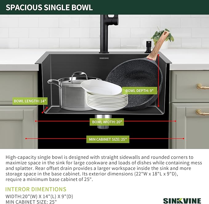 Black Kitchen Sink Drop-In 22 x 18 inch, SINKVINE PVD Nano Stainless Steel Bar Sink Outdoor, Top Mount Deep Single Bowl RV Laundry Basin, w/Drain Strainer, Bottom Grid, Roll-up Drying Unit, Dark Gray