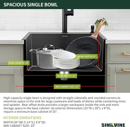 Black Kitchen Sink Drop-In 22 x 18 inch, SINKVINE PVD Nano Stainless Steel Bar Sink Outdoor, Top Mount Deep Single Bowl RV Laundry Basin, w/Drain Strainer, Bottom Grid, Roll-up Drying Unit, Dark Gray