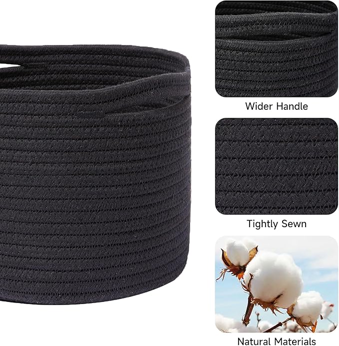 Small Basket for Organizing | Cube Shelf Closet Storage Baskets | 9.7×9.7×7.1” | Woven Rope Gift Basket | Nursery | Round 3 Packs Black