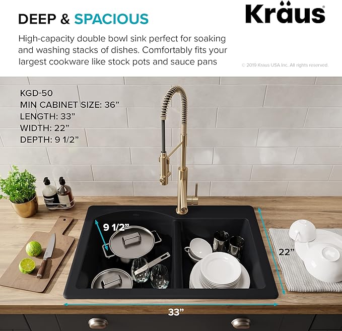 KRAUS Forteza 33-inch Drop In/Undermount 60/40 Double Bowl Granite Kitchen Sink in Grey, KGD-50GREY