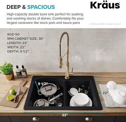 KRAUS Forteza™ 33” Dual Mount 60/40 Double Bowl Granite Kitchen Sink in Black with WasteGuard™ Continuous Feed Garbage Disposal, KGD-50BL-100-75MB