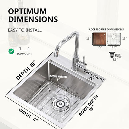 COMLLEN 17x19 Inch Drop in Bar Sink, Outdoor Sink 304 Stainless Steel Kitchen Workstation, 16 Gauge 9 Inch Deep Brushed Nickel, RV Laundry Utility Kitchen Sinks with Cutting Board Grid Drain
