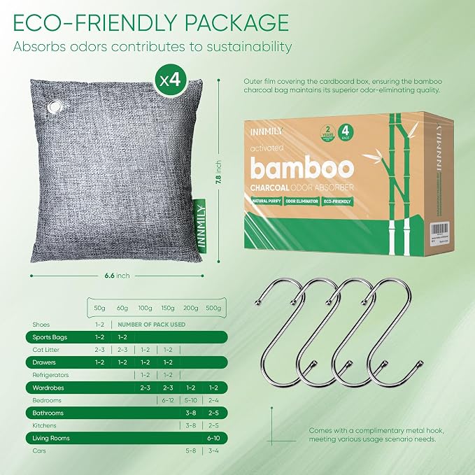 Activated Charcoal Odor Absorber, Large 4x500g w Hooks Nature Odor Eliminator - Image 9