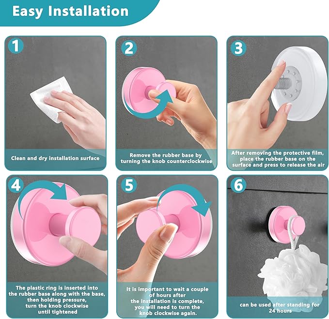 Suction Cup Hooks for Shower,Removable No Drill Towel Hooks,Upgraded 15 lbs Strong Suction hooks for Bathroom Tile,Shower Wall,Glass Door,Kitchen-Loofah,Coat,Stainless Waterproof-Pink 2 Pcs