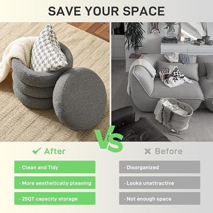 Round Ottoman with Storage Boucle Ottoman Stool with Storage Removable Lid - Image 4