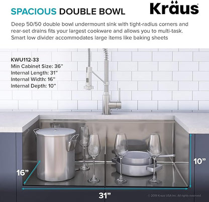 KRAUS Kore™ Workstation 33-inch Undermount 16 Gauge Double Bowl Stainless Steel Kitchen Sink with Accessories (Pack of 8) with WasteGuard™ Continuous Feed Garbage Disposal, KWU112-33-100-75MB