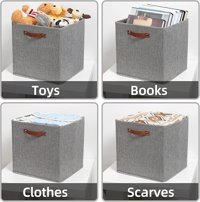 HNZIGE Fabric Storage Cubes Bins Baskets for Shelves Set of 4 Baskets, 13 Inch Storage Bins with Handles, Foldable Storage Cube Organizer Bins Organizing Home Nursery (Gray)