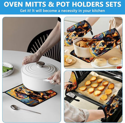 Watercolor Dog Oven Mitts and Pot Holders Sets Heat Resistant 4Pcs Potholders - Image 6