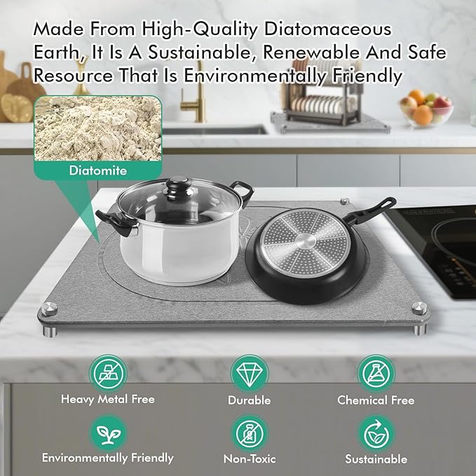 Stone Drying Mat For Kitchen Counter Superb Absorbent Diatomaceous Earth Mats with Non-Slip Feet Quick Dry Stone Dish Drying Pad Dish Pad Multi-Purpose(Floral-MediumGray, 15.7" x 11.8")