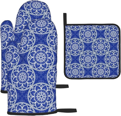 Chinoiserie Blue and White Floral Oven Mitts and Pot Holders Sets of 3 by Unknown