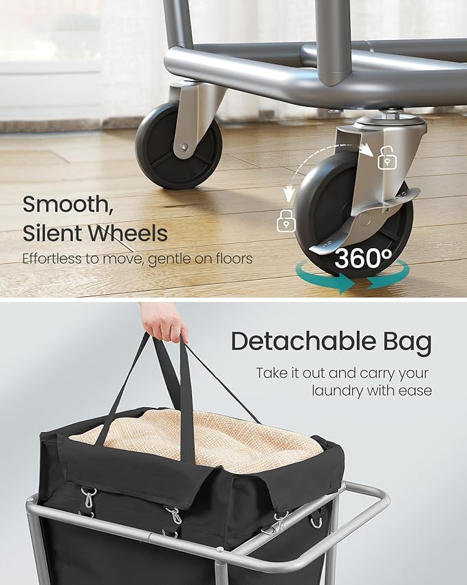 SONGMICS Laundry Basket with Wheels, 34.3 Gallons (130 L) Rolling Laundry Hamper with Removable Bag, Heavy-Duty Steel Frame with Handle, Ink Black URLS008B01