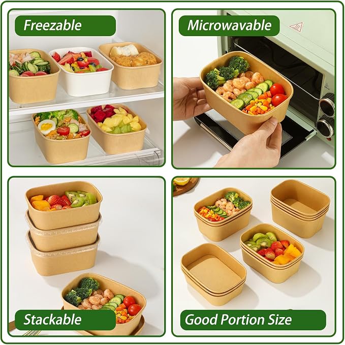 50-Pack 29oz Disposable Kraft Paper Bowls【with Lids and Forks】, Meal Prep - Image 4