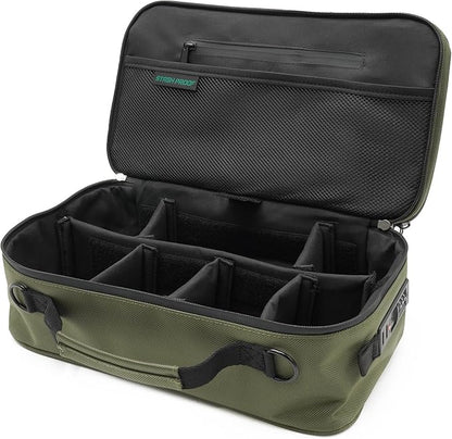 Large Storage Case with TSA Combination Lock Bag, Portable Carbon Lined, XL Medicine Lockable Box for Travel & Home Secured Box Organizer Divider Jars Accessories, Removable Tray (Green)