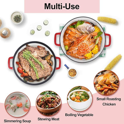 TeamFar 2-In-1 Enameled Cast Iron Dutch Oven, 5 Quart Dutch Oven Pot Cookware - Image 5