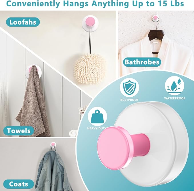 Suction Cup Hooks for Shower, Removable No Drill Towel Hooks, Upgraded 15 lbs - Image 3