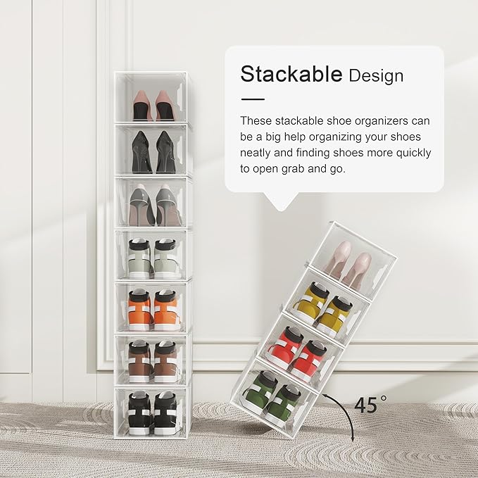 Shoe Storage Boxes Fit Size 13, White Plastic Stackable Shoe Organizer for Closet, Shoe Rack & Holder Sneaker Container, Thicken & Sturdy 6-Sided Hard Clear White 6 Pack
