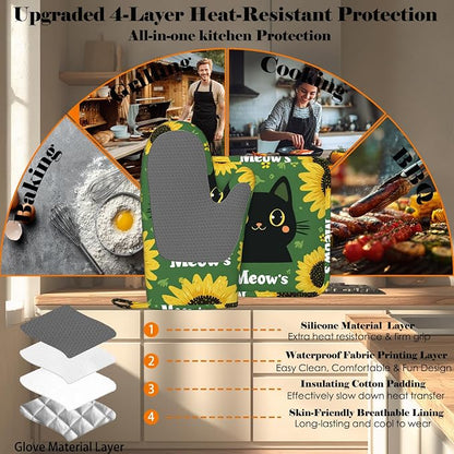 Black Cat Oven Mitts and Pot Holders Sets Cartoon Sunflower Silicone Heat - Image 4