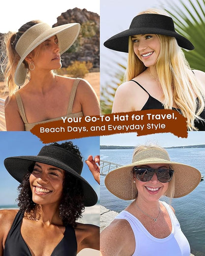 Womens Sun Visor Hats Wide Brim Straw Beach Hat UV Protection Ponytail Packable Beach Vacation Essentials