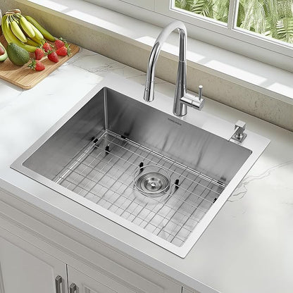 25-Inch Drop-In Kitchen Sink, SINKVINE 25" x 22" Stainless Steel Indoor and Outdoor Sink, Top Mount Large Deep Single Bowl Sink for Laundry Room, with Drain Strainer, Bottom Grid, Roll-up Drying Unit