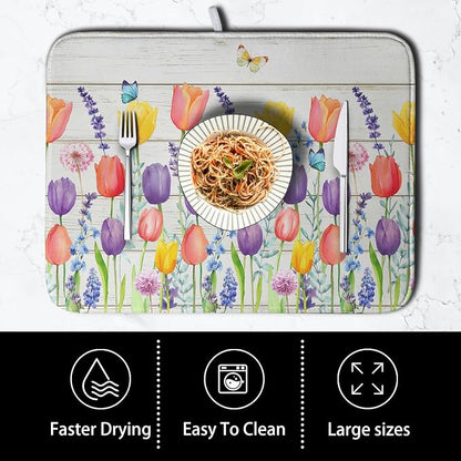 Tulip Floral Dish Drying Mat for Kitchen Counter Watercolor Spring Flower Dish - Image 4