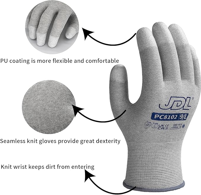 JDL ESD Work Gloves, Anti-Static Gloves for PC Building, 6 pairs, Computer Installation & Repair, High Resistance Carbon Fiber Gloves, Medium