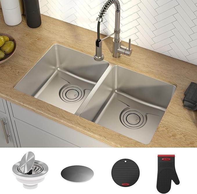 KRAUS Dex 33-Inch Undermount 50/50 Double Bowl TRU16 Gauge Stainless Steel Kitchen Sink with DrainAssure WaterWay and VersiDrain Assembly in Radiant Pearl Finish, KD1UD33B