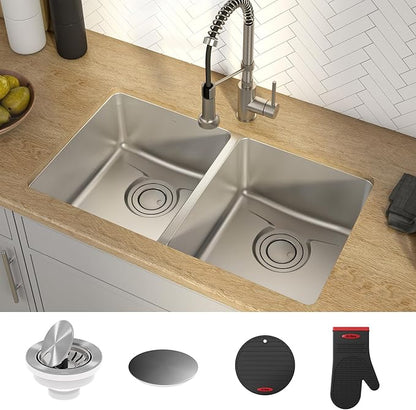 KRAUS Dex 33-Inch Undermount 50/50 Double Bowl TRU16 Gauge Stainless Steel Kitchen Sink with DrainAssure WaterWay and VersiDrain Assembly in Radiant Pearl Finish, KD1UD33B