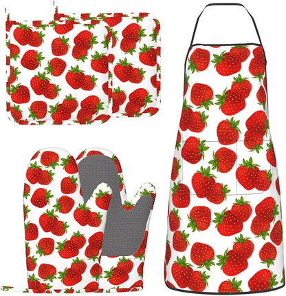Cute Strawberry Oven Mitts Strawberries Pot Holders Cooking Apron Set of 5 by Unknown