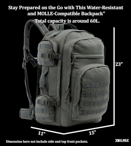 Large Tactical Backpack Bag with Stowable Shoulder Straps for Hiking, Camping, Traveling, Bug-Out 58L
