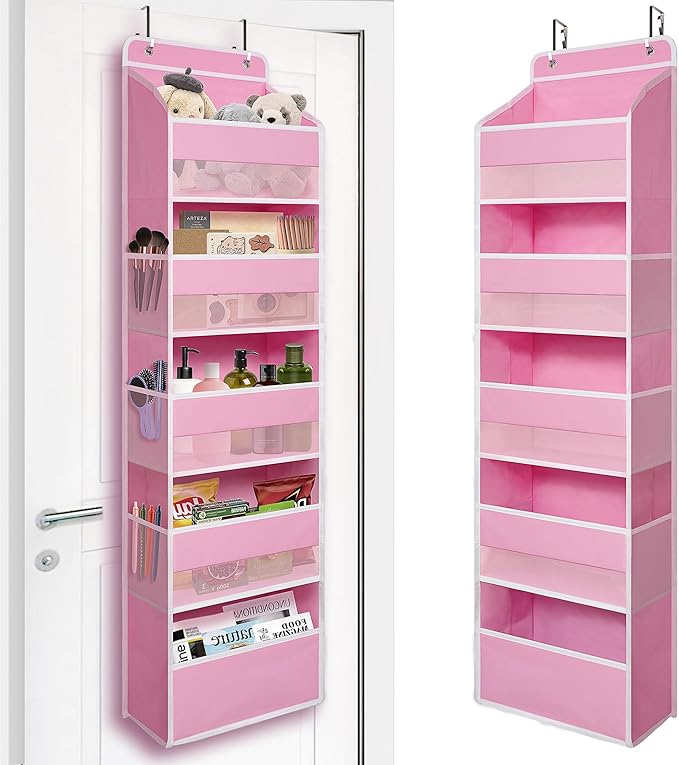 Over Door Organizer with 5 Large Pockets, Heavy Duty Hanging Organizer Storage, Closet Bathroom Nursery Bedroom Dorm, Toys Cosmetics Sundries and Baby Essentials, Pink
