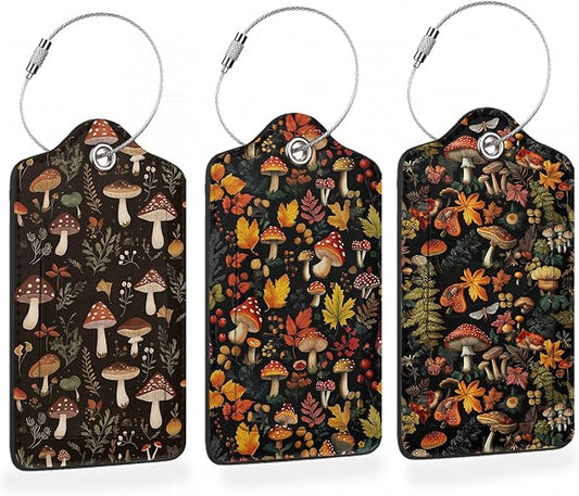 Psychedelic Mushrooms, Butterflies, Insectsts 3 Pack PU Leahter Luggage Tag with Stainless Steel Loop, Travel Suitcase Labels with Privacy Cover ID Label Quickly Spot for Bags